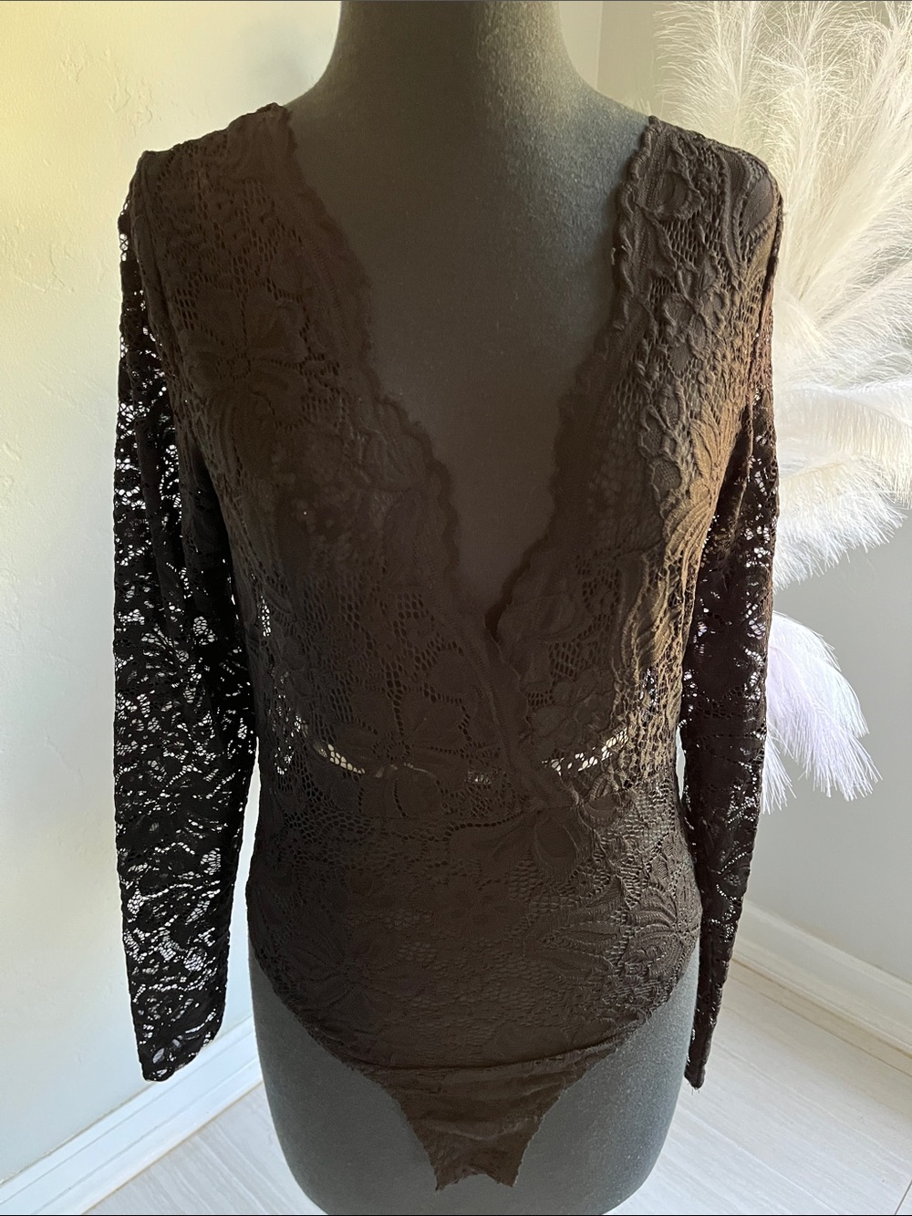 Lioness Black Lace Surplice Long-Sleeve Bodysuit